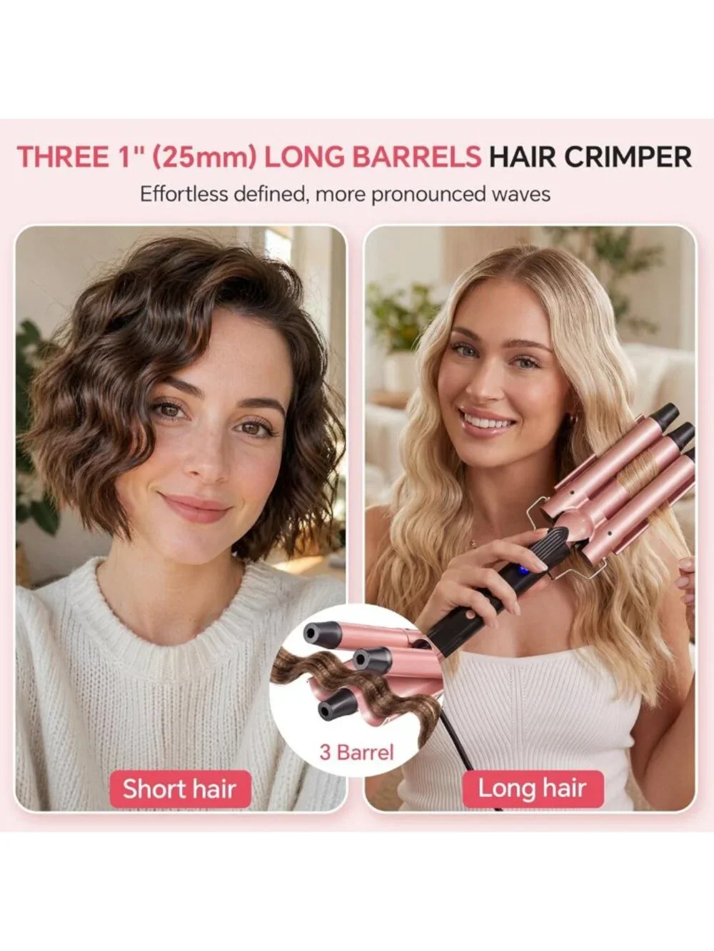Triple Barrel Curling Iron - 1 Inch Hair Waver Tool for Beach Waves, LCD